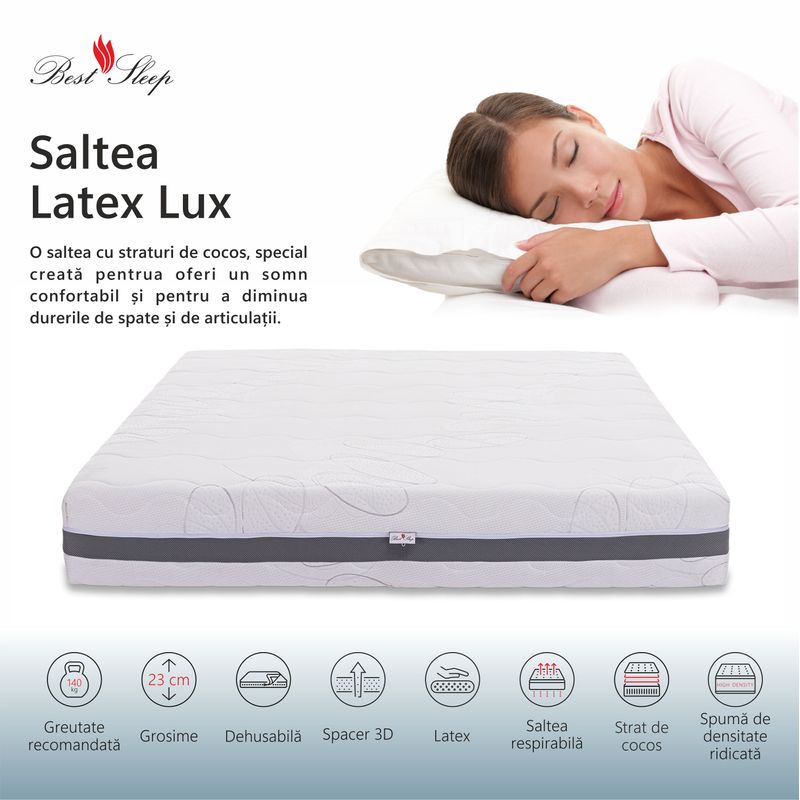 Casa si Gradina - Mobilier - Saltele si somiere - Saltele - Saltea ortopedica BEST SLEEP Latex Lux, 185x195x23cm, cu latex, hipoalergenic, antibacterian, ferma - Infinity.ro