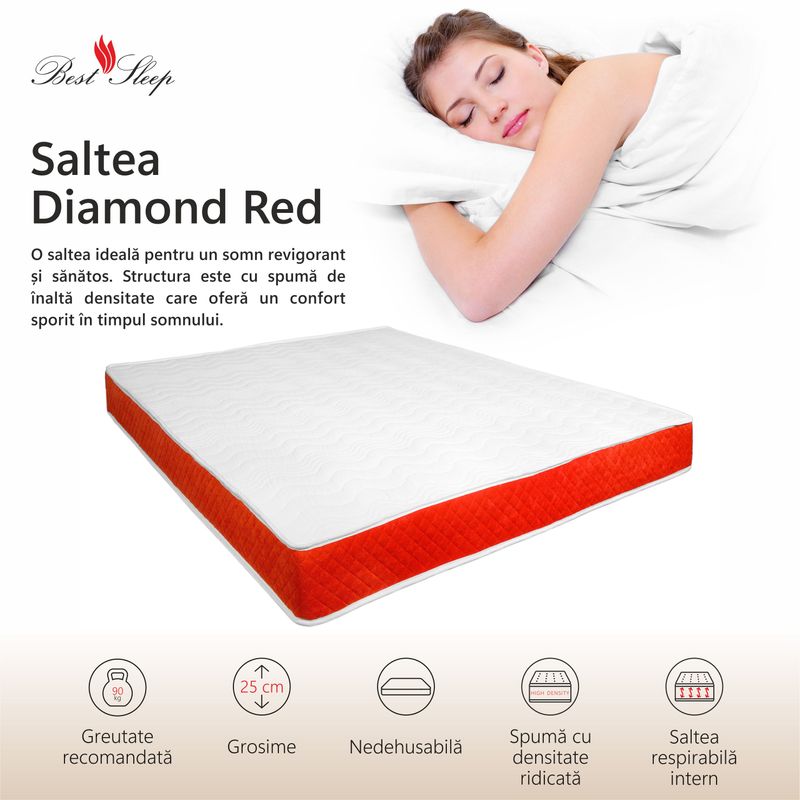 Casa si Gradina - Mobilier - Saltele si somiere - Saltele - Saltea ortopedica BEST SLEEP Diamond Red DoubleSide, 90x200x25, spuma poliuretanica, hipoalergenica, reversibila, ferma - Infinity.ro