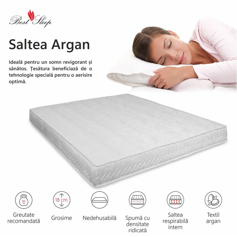Casa si Gradina - Mobilier - Saltele si somiere - Saltele - Saltea superortopedica Best Sleep Argan Deluxe, 200x200x18 cm, spuma poliuretanica hipoalergenica - Infinity.ro