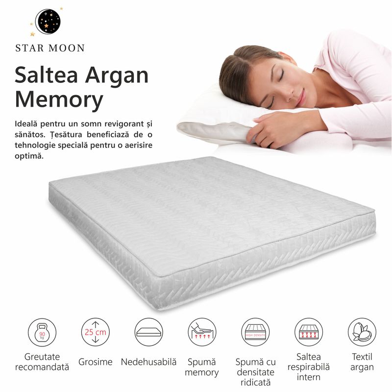 Casa si Gradina - Mobilier - Saltele si somiere - Saltele - Saltea Ortopedica, Star Moon, Argan Memory, 140x200x25 cm, 20+5, Spuma poliuretanica cu memorie, fermitate medie - Infinity.ro