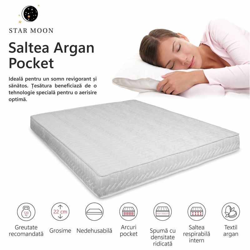 Casa si Gradina - Mobilier - Saltele si somiere - Saltele - Saltea Ortopedica, Star Moon, Argan Pocket 180x190x22 cm, spuma poliuretanica, arcuri ambalate individual - Infinity.ro