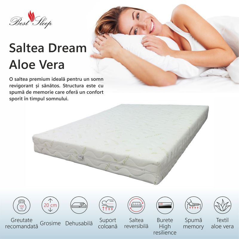 Casa si Gradina - Mobilier - Saltele si somiere - Saltele - Saltea Ortopedica, Best Sleep, Dream Aloe Vera, 160x190x20cm, spuma poliuretanica cu memorie, hipoalergenic, - Infinity.ro