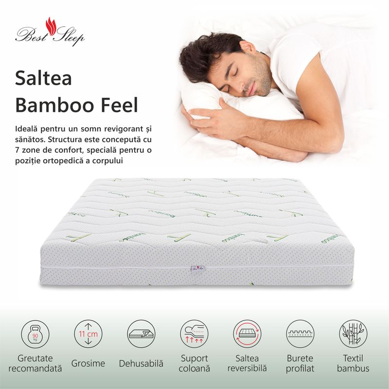 Casa si Gradina - Mobilier - Saltele si somiere - Saltele - Saltea Ortopedica, BestSleep Bamboo Feel 11cm, 200x200x11cm, Spuma poliuretanica, , lavabila, matlasata, fibre de bambus - Infinity.ro