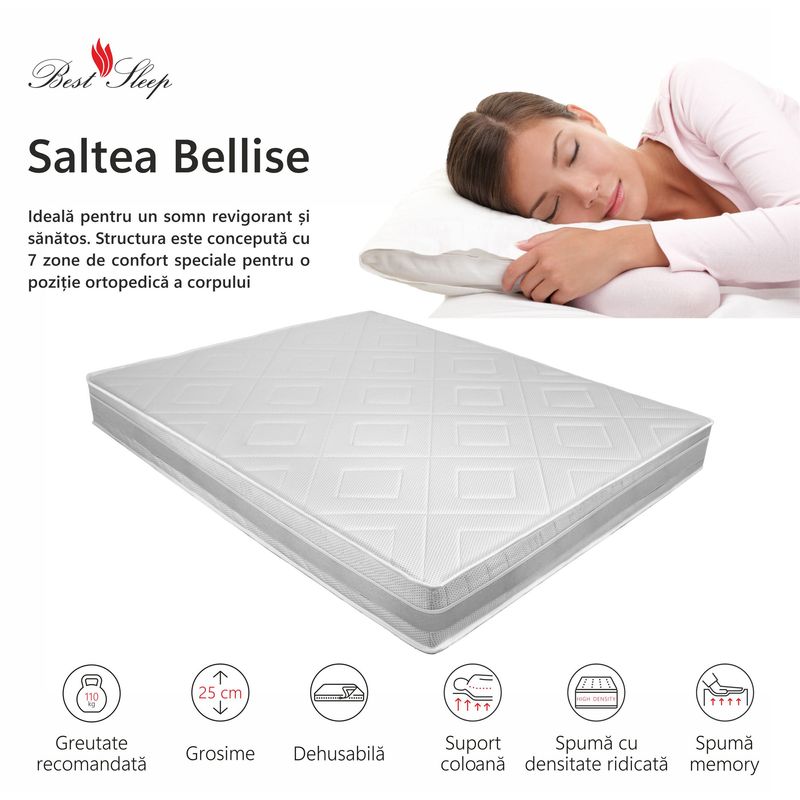 Casa si Gradina - Mobilier - Saltele si somiere - Saltele - Saltea ortopedica Best Sleep Bellise, 160x190x25cm, spuma poliuretanica cu memorie 4 cm,  hipoalergenica, reversibila - Infinity.ro
