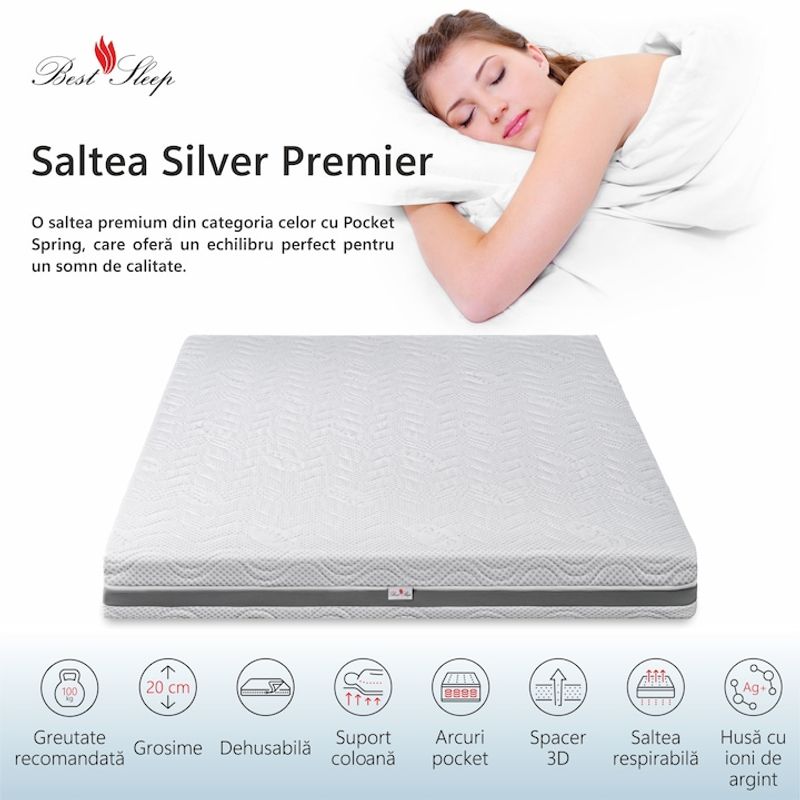 Casa si Gradina - Mobilier - Saltele si somiere - Saltele - Saltea ortopedica BEST SLEEP Silver Premier, 70x195x20cm, spuma poliuretanica si arcuri individuale, hipoalergenic, - Infinity.ro