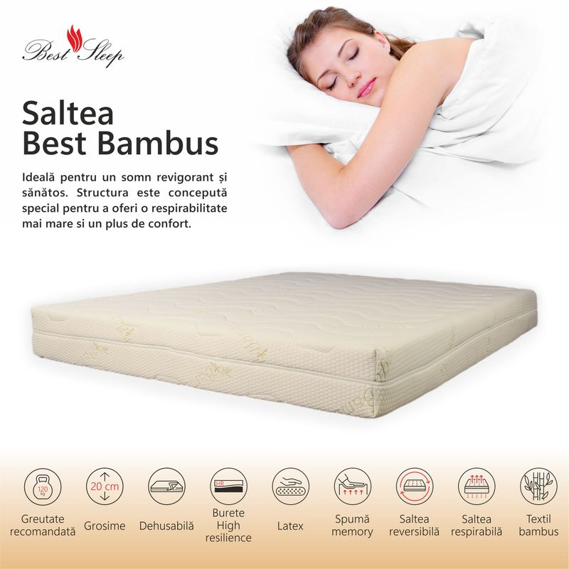 Casa si Gradina - Mobilier - Saltele si somiere - Saltele - Saltea Ortopedica, Best Bambus Double Side, Best Sleep,110x195x20cm, spuma poliuretanica cu memorie si latex - Infinity.ro
