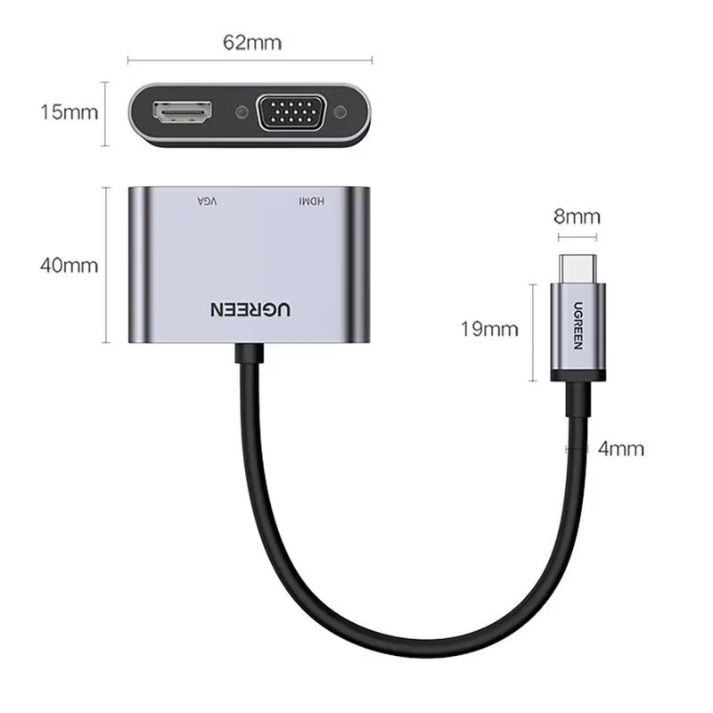 Laptop, Telefoane si Tablete - Telefoane mobile si accesorii - Accesorii Telefoane - Cabluri si adaptoare telefoane - Adaptor video UGREEN CM162 USB-C tata - VGA/HDMI mama, 4K, 30Hz, 2 moduri, 100W, 25cm, Silver - Infinity.ro