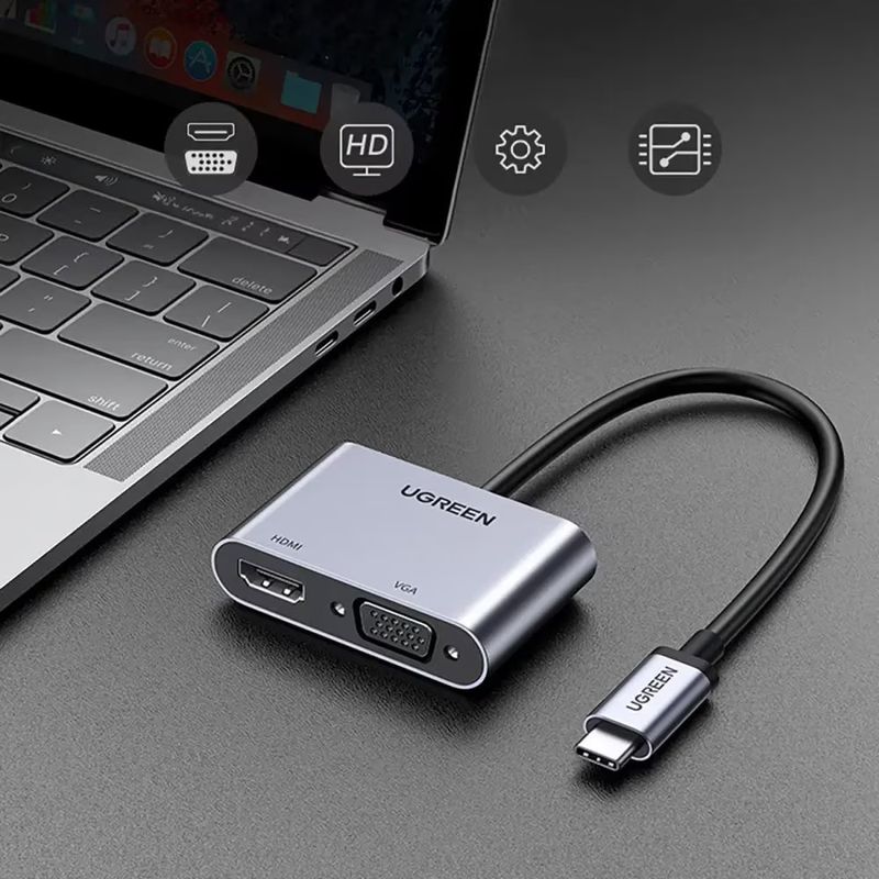 Laptop, Telefoane si Tablete - Telefoane mobile si accesorii - Accesorii Telefoane - Cabluri si adaptoare telefoane - Adaptor video UGREEN CM162 USB-C tata - VGA/HDMI mama, 4K, 30Hz, 2 moduri, 100W, 25cm, Silver - Infinity.ro