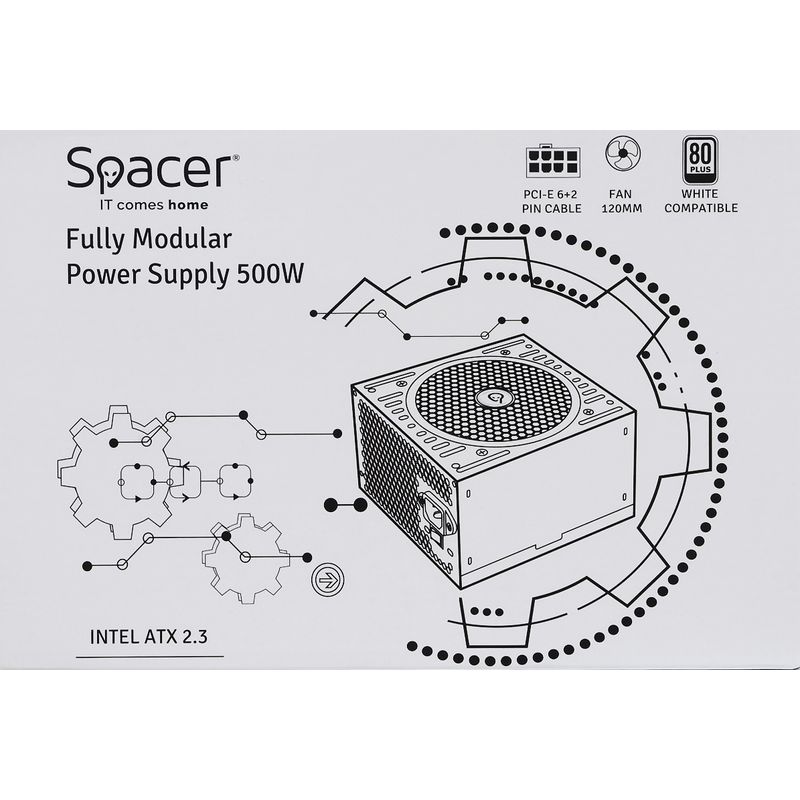 PC, gaming si accesorii - Componente PC - Componente - Surse de alimentare PC - Sursa modulara Spacer SP-MP-500, 80 PLUS®, 500 W, BULK - Infinity.ro