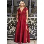 Fashion, accesorii si bijuterii - Femei - Imbracaminte femei - Rochii femei - Rochie CRYSTAL lunga eleganta cu broderie, tesatura gabardina cu fanta discreta pe picior marime 44, plus size, burgundy - Infinity.ro