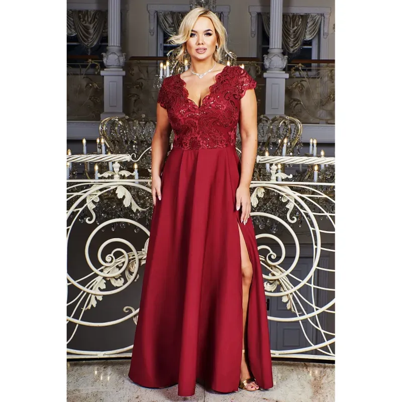 Fashion, accesorii si bijuterii - Femei - Imbracaminte femei - Rochii femei - Rochie CRYSTAL lunga eleganta cu broderie, tesatura gabardina cu fanta discreta pe picior marime 44, plus size, burgundy - Infinity.ro
