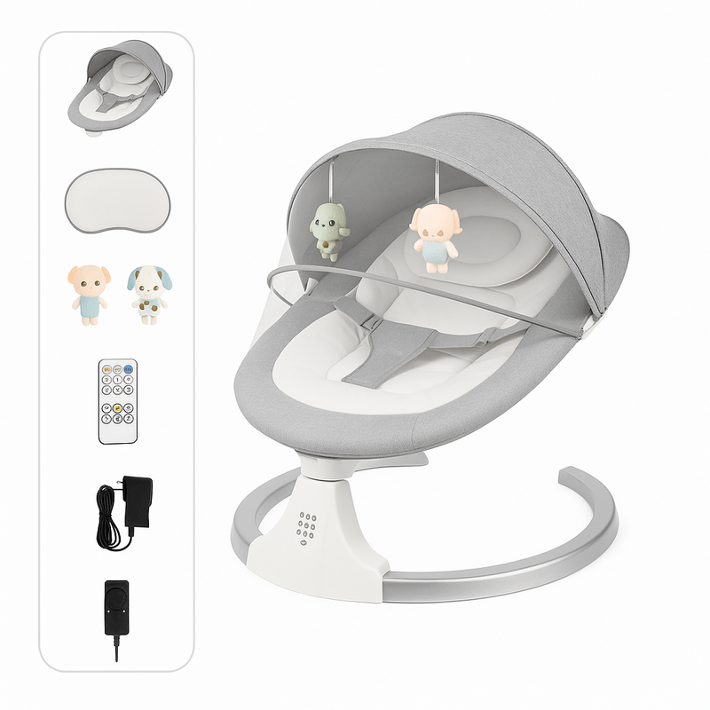 Casa si Gradina - Mobilier - Mobilier copii - Balansoare, leagane si hamace - Leagan Electric Multifunctional pentru Bebelusi HappyK Telecomanda, Bluetooth, EasyTouch, Jucarii, Gri - Infinity.ro