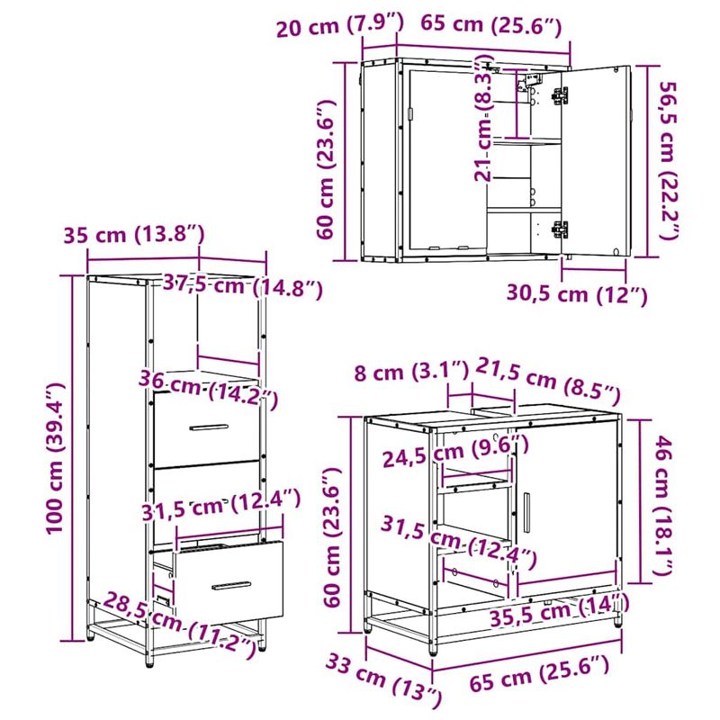 Casa si Gradina - Mobilier - Seturi de mobilier - Seturi baie - Set de mobilier pentru baie 3 pcs Lemn vechi 65 x 33 x 60 cm - Infinity.ro