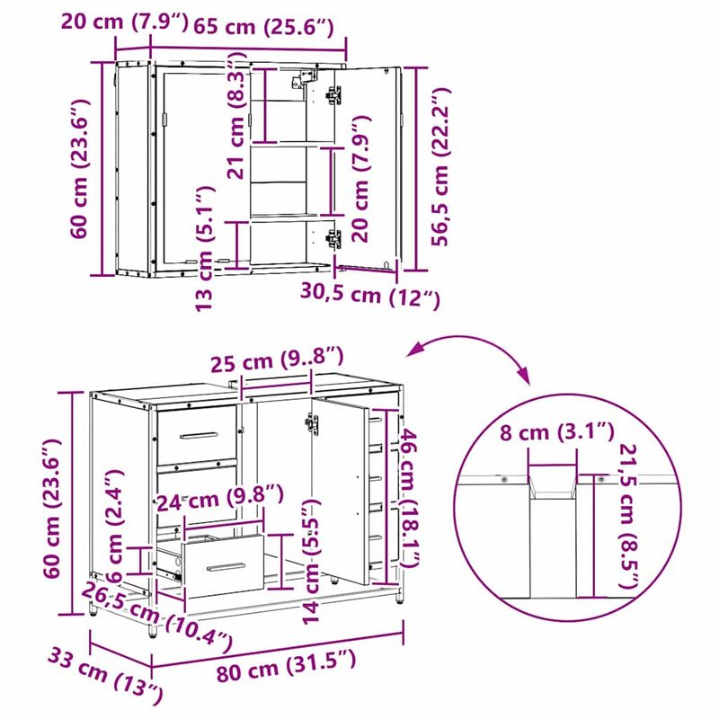 Casa si Gradina - Mobilier - Seturi de mobilier - Seturi baie - Set de mobilier pentru baie 3 pcs Lemn vechi 80 x 33 x 60 cm - Infinity.ro