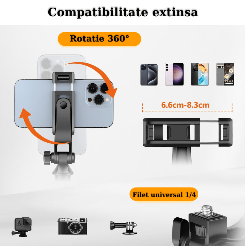 Laptop, Telefoane si Tablete - Telefoane mobile si accesorii - Accesorii Telefoane - Selfie stick-uri - Selfie Stick, Trepied telescopic, Suport telefon, Compatibil cu Camera Video/Foto GoPro ,2 Lumini LED + Cablu Incarcare - Infinity.ro