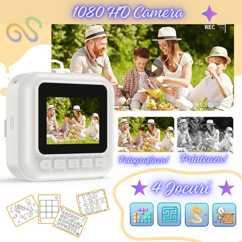 TV, Audio-Video si Foto - Aparate foto si accesorii - Aparate foto - Aparate foto instant - Camera foto cu functie de printare,Trei role de hartie, Carioci de colorat, Card 32GB, Snur de prindere,Alb - Infinity.ro