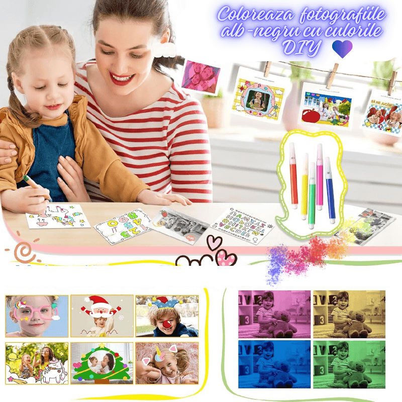 TV, Audio-Video si Foto - Aparate foto si accesorii - Aparate foto - Aparate foto instant - Camera foto cu functie de printare,Trei role de hartie, Carioci de colorat, Card 32GB, Snur de prindere,Alb - Infinity.ro