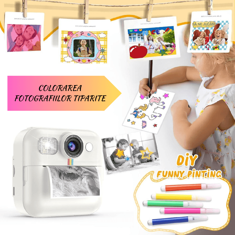 TV, Audio-Video si Foto - Aparate foto si accesorii - Aparate foto - Aparate foto instant - Camera foto cu functie de printare,Trei role de hartie, Carioci de colorat, Card 32GB, Snur de prindere,Alb - Infinity.ro