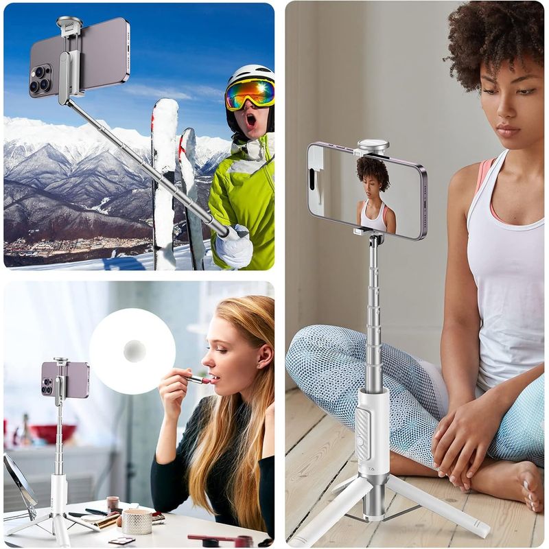 Laptop, Telefoane si Tablete - Telefoane mobile si accesorii - Accesorii Telefoane - Selfie stick-uri - Selfie stick, CALITATE PREMIUM 30cm-150cm, Trepied, Suport pentru telefon, Bluetooth, iOS/Android, Alb - Infinity.ro