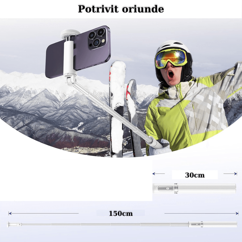 Laptop, Telefoane si Tablete - Telefoane mobile si accesorii - Accesorii Telefoane - Selfie stick-uri - Selfie stick, CALITATE PREMIUM 30cm-150cm, Trepied, Suport pentru telefon, Bluetooth, iOS/Android, Alb - Infinity.ro