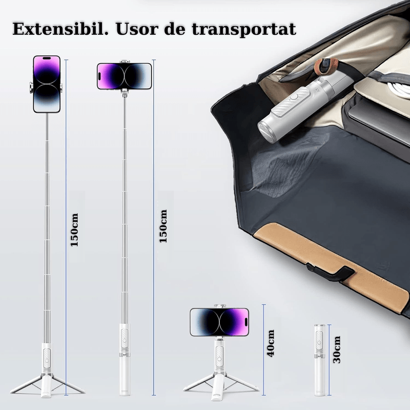 Laptop, Telefoane si Tablete - Telefoane mobile si accesorii - Accesorii Telefoane - Selfie stick-uri - Selfie stick, CALITATE PREMIUM 30cm-150cm, Trepied, Suport pentru telefon, Bluetooth, iOS/Android, Alb - Infinity.ro