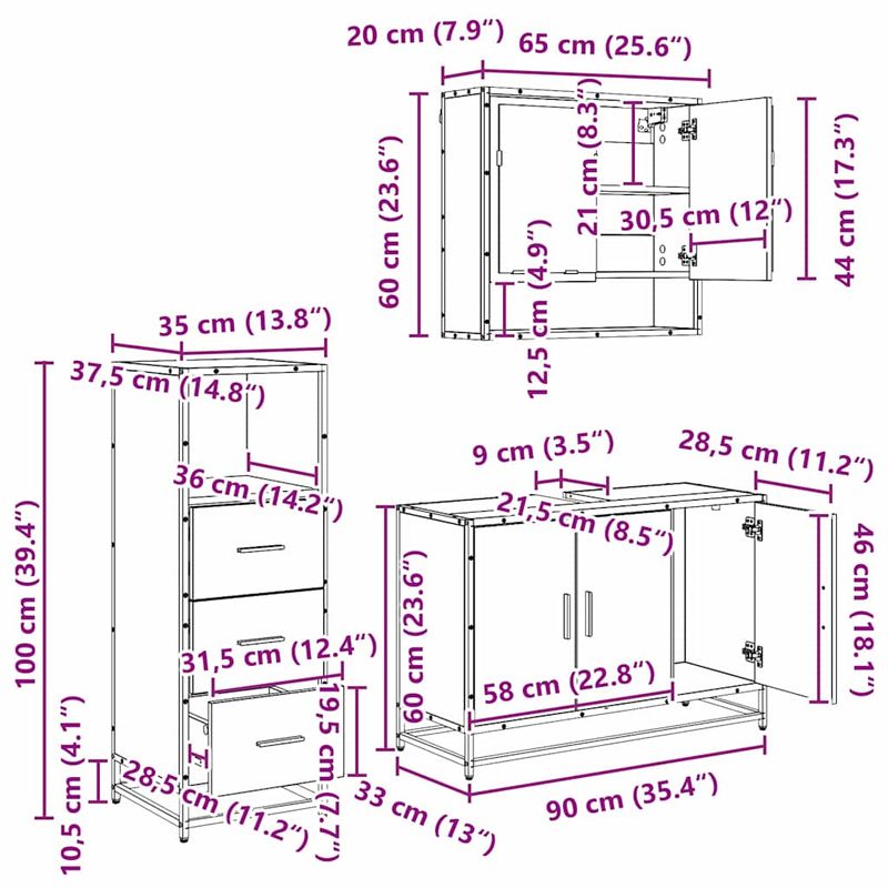 Casa si Gradina - Mobilier - Seturi de mobilier - Seturi baie - Set de mobilier pentru baie 3 pcs Stejar negru 90 x 33 x 60 cm - Infinity.ro