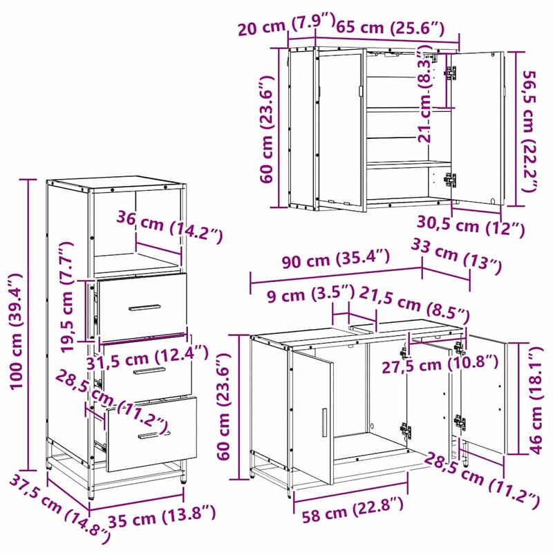 Casa si Gradina - Mobilier - Seturi de mobilier - Seturi baie - Set de mobilier pentru baie 3 pcs Lemn vechi 90 x 33 x 60 cm - Infinity.ro