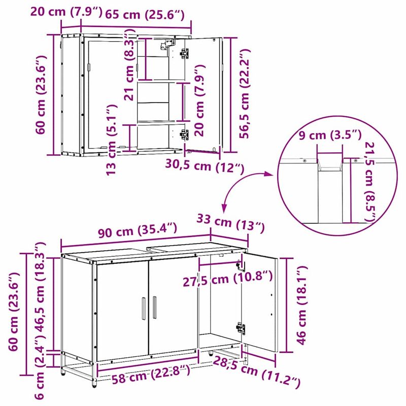 Casa si Gradina - Mobilier - Seturi de mobilier - Seturi baie - Set de mobilier pentru baie 3 pcs Stejar negru 90 x 33 x 60 cm - Infinity.ro