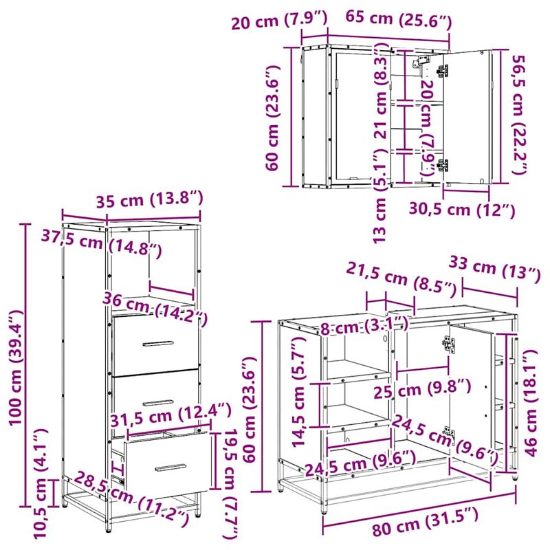 Casa si Gradina - Mobilier - Seturi de mobilier - Seturi baie - Set de mobilier pentru baie 3 pcs Stejar negru 80 x 33 x 60 cm - Infinity.ro