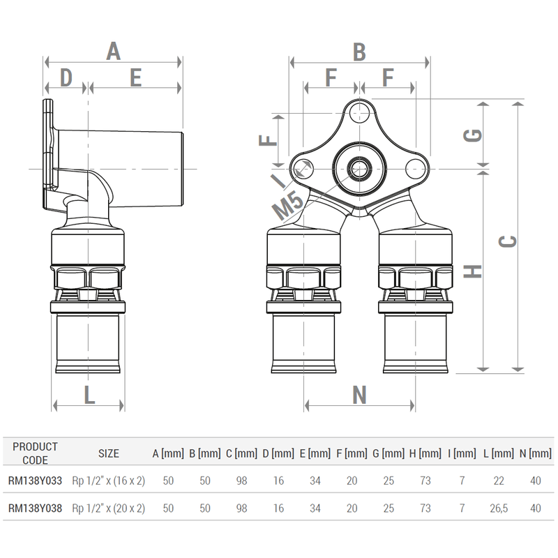 Casa si Gradina - Sanitare - Instalatii hidro - Fitinguri - Cot cu prindere pe perete Giacomini RM138Y033, 90 grade, filet interior 1/2” si doua racorduri prin presare 16x2 - Infinity.ro