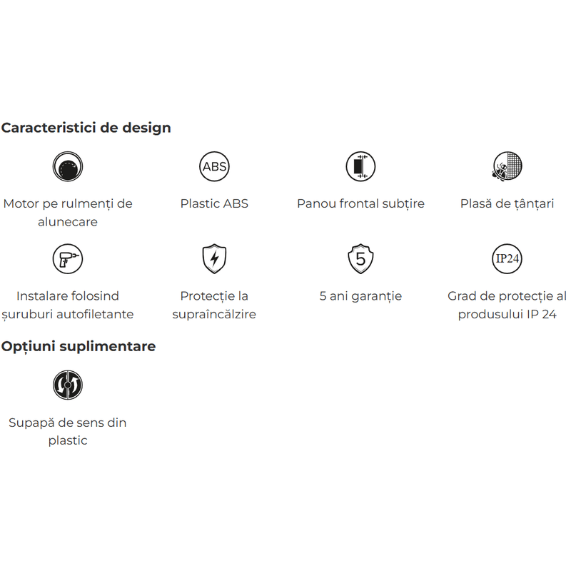 Casa si Gradina - Sanitare - Suporturi si accesorii baie - Sisteme de ventilatie - Ventilator baie cu clapeta antiretur VentEurope REFINED100BD, diametru 100 mm, plasa  clapeta, 90 mc/h, IP24, 14W - Infinity.ro