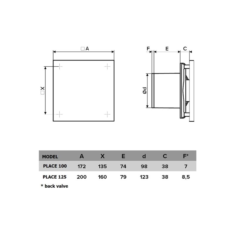 Casa si Gradina - Sanitare - Suporturi si accesorii baie - Sisteme de ventilatie - Ventilator de perete cu clapeta antiretur VentEurope PLACE100BD, patrat, diametru 100 mm, debit 90 mc/h, 14W, IP24 - Infinity.ro