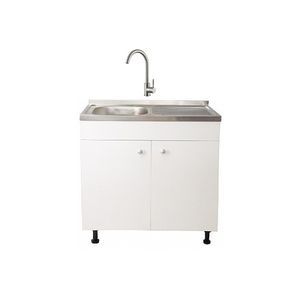 Set Masca Chiuveta Alba 80 cm X 50 cm X 80 cm, chiuveta inox cuva stanga, baterie inox rotunda si sifon scurgere