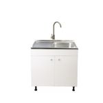 Casa si Gradina - Sanitare - Chiuveta bucatarie si accesorii - Chiuvete bucatarie - Set Masca Chiuveta Alba 80 cm X 50 cm X 80 cm, chiuveta inox cuva dreapta, baterie inox rotunda si sifon scurgere - Infinity.ro