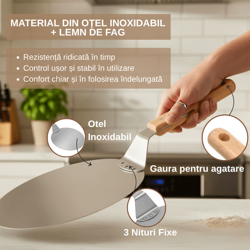Casa si Gradina - Bucatarie si vesela - Ustensile bucatarie - Pensule, spatule si teluri bucatarie - Lopata pizza Koken, tava rotunda 30,5 cm din otel inoxidabil, Maner Lemn, Spatula 49 cm - Infinity.ro