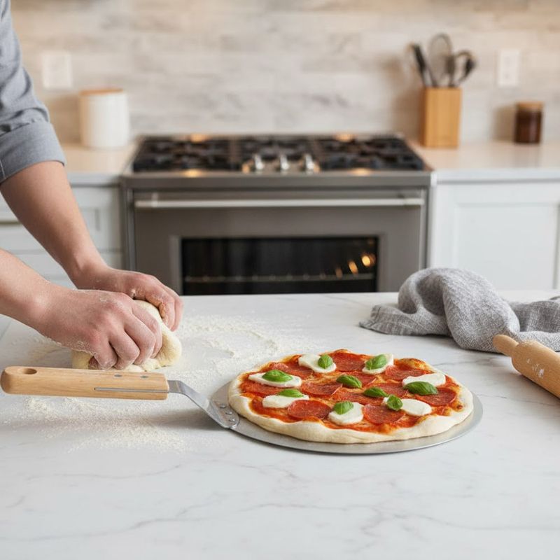 Casa si Gradina - Bucatarie si vesela - Ustensile bucatarie - Pensule, spatule si teluri bucatarie - Lopata pizza Koken, tava rotunda 30,5 cm din otel inoxidabil, Maner Lemn, Spatula 49 cm - Infinity.ro