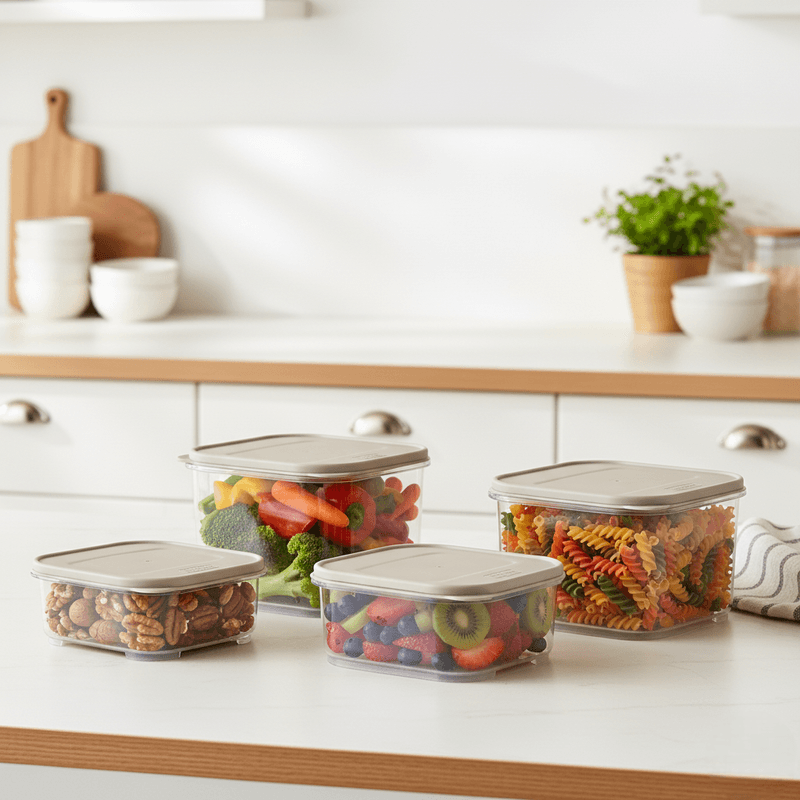 Casa si Gradina - Bucatarie si vesela - Organizare si depozitare bucatarie - Cutii alimentare - Set 4 recipient de depozitare alimente Koken, capac etans, plastic fara BPA, rezistent la rece, 0.2/0.53/1.1/2.2 L, Gri - Infinity.ro