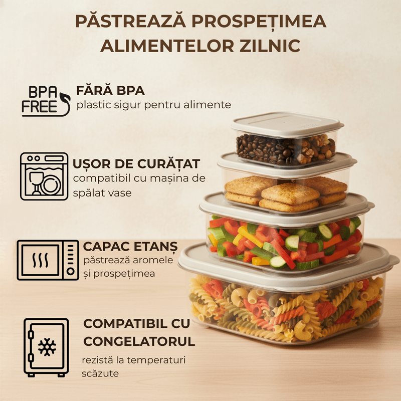 Casa si Gradina - Bucatarie si vesela - Organizare si depozitare bucatarie - Cutii alimentare - Set 4 recipient de depozitare alimente Koken, capac etans, plastic fara BPA, rezistent la rece, 0.2/0.53/1.1/2.2 L, Gri - Infinity.ro