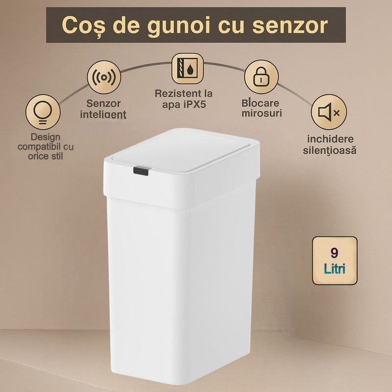 Casa si Gradina - Mobilier - Organizare si depozitare - Cosuri de gunoi - Cos de gunoi cu senzor de miscare 9 L Koken, Automat, anti-miros, silentios, Rezistent la apa IPX5, 21.8x13x31.5 cm, Alb - Infinity.ro