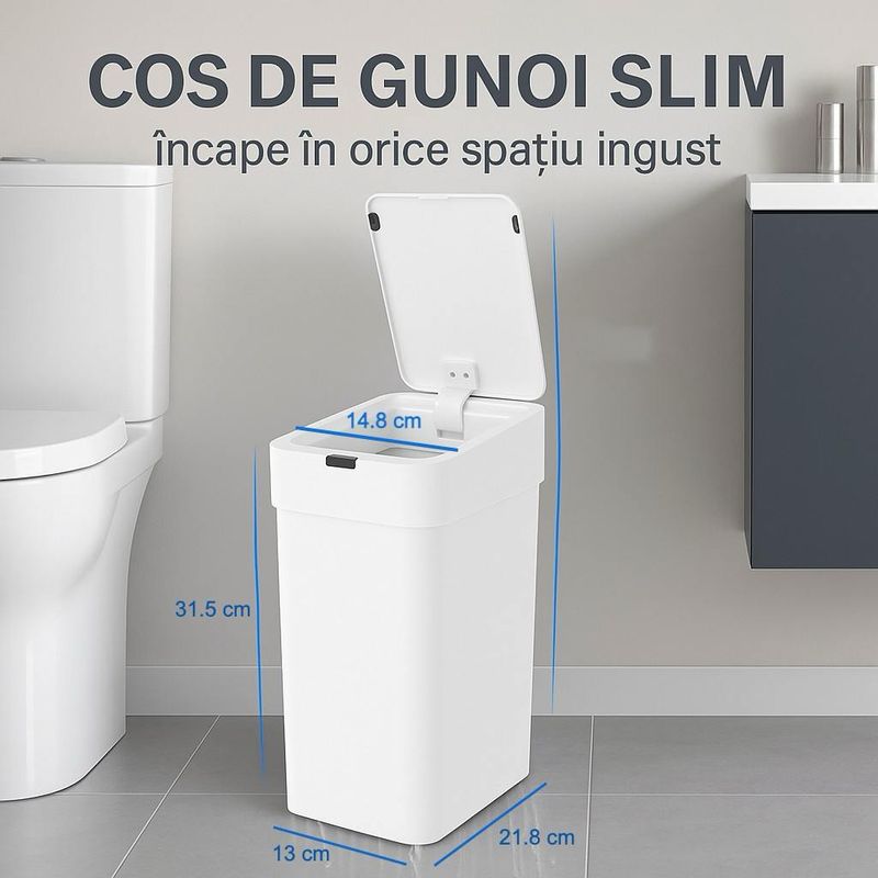 Casa si Gradina - Mobilier - Organizare si depozitare - Cosuri de gunoi - Cos de gunoi cu senzor de miscare 9 L Koken, Automat, anti-miros, silentios, Rezistent la apa IPX5, 21.8x13x31.5 cm, Alb - Infinity.ro