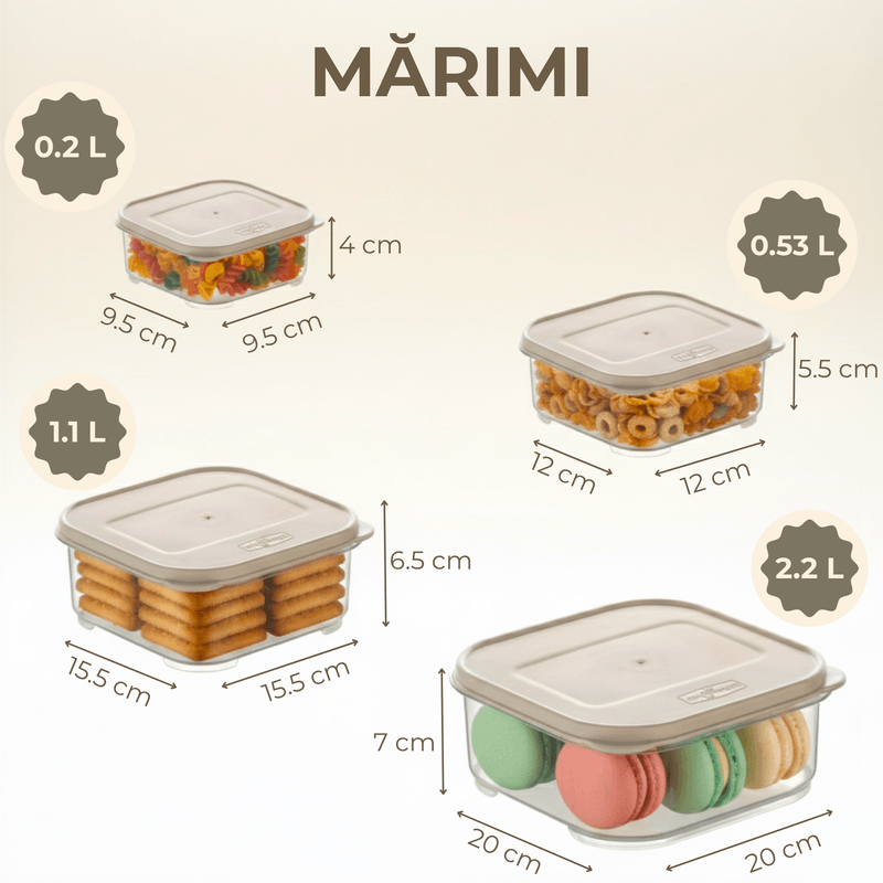 Casa si Gradina - Bucatarie si vesela - Organizare si depozitare bucatarie - Cutii alimentare - Set 4 recipient de depozitare alimente Koken, capac etans, plastic fara BPA, rezistent la rece, 0.2/0.53/1.1/2.2 L, Alb - Infinity.ro