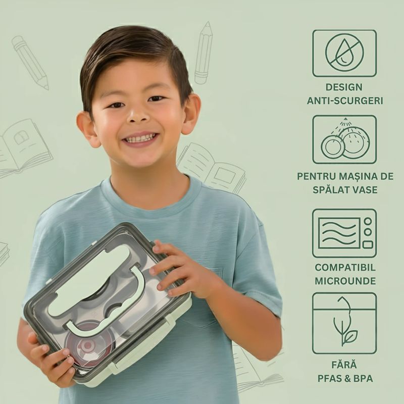 Casa si Gradina - Bucatarie si vesela - Organizare si depozitare bucatarie - Cutii alimentare - Caserola copii scoala cu 5 compartimente Koken, Cutie pentru pranz, volum 1L, Lunchbox cu tacamuri, 25x30cm, Verde - Infinity.ro