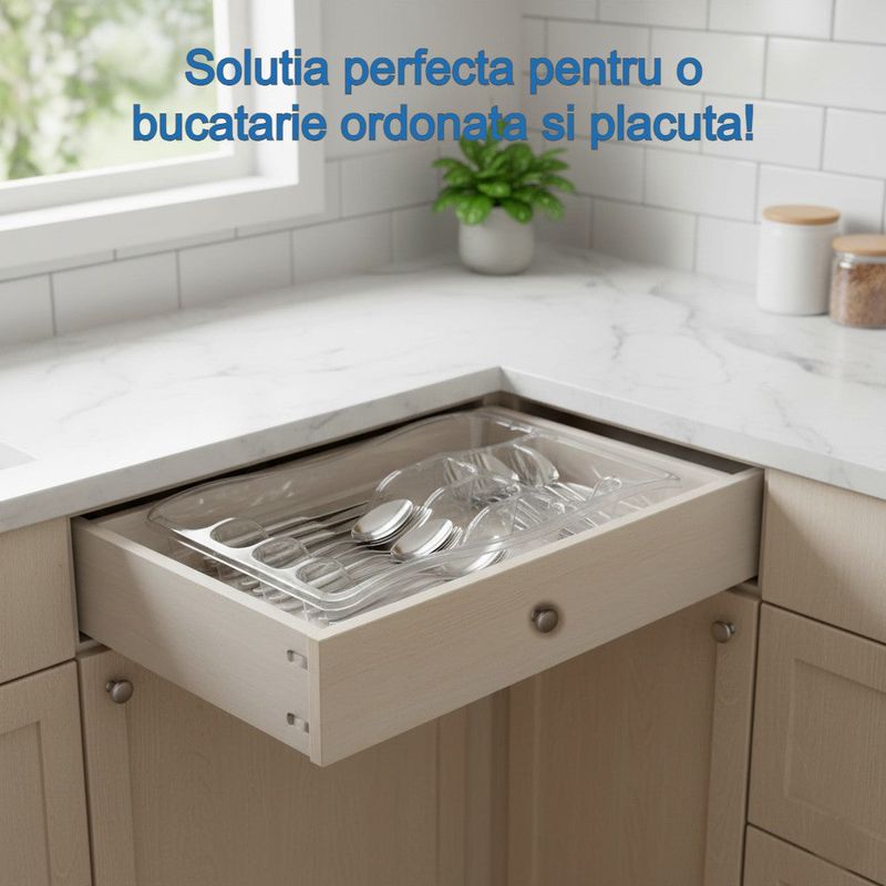 Casa si Gradina - Bucatarie si vesela - Organizare si depozitare bucatarie - Suporturi tacamuri si vase - Organizator tacamuri si ustensile de bucatarie 6 compartimente Koken, suport cutite 38.5x29x5cm, Plastic/Transparent - Infinity.ro