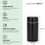 Casa si Gradina - Bucatarie si vesela - Accesorii bar - Termosuri si Cani termos - Termos pentru supa/mancare Koken, capacitate 1000ml, perete dublu, inox, 8h mentine rece/fierbinte, capac bol, Negru - Infinity.ro