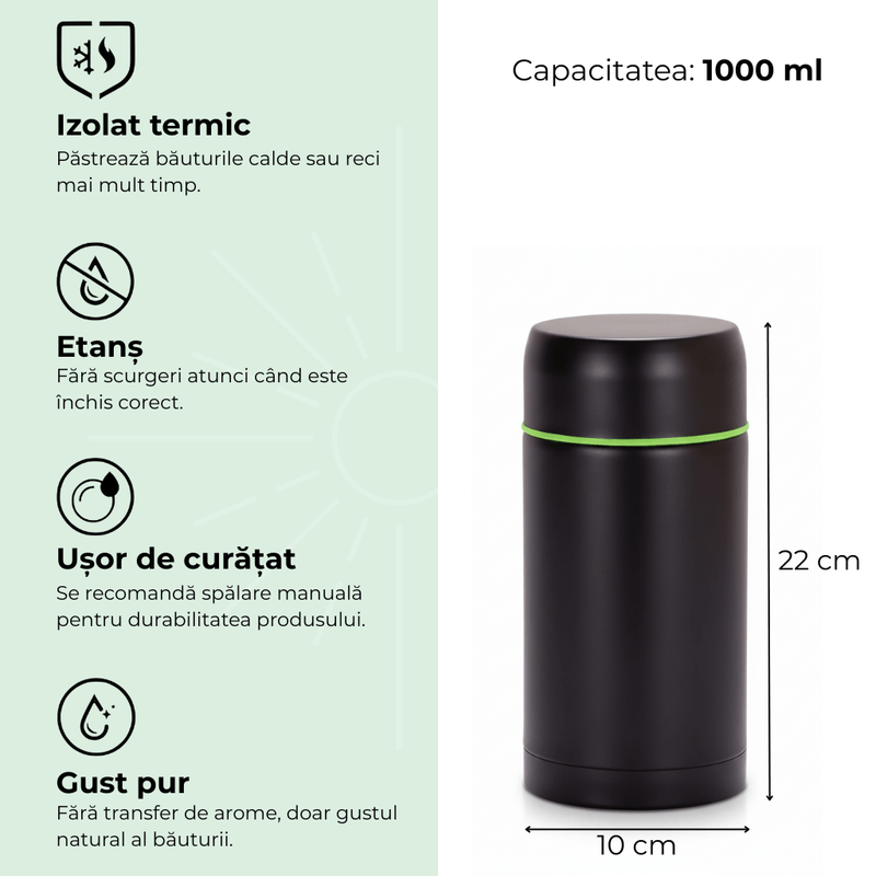 Casa si Gradina - Bucatarie si vesela - Accesorii bar - Termosuri si Cani termos - Termos pentru supa/mancare Koken, capacitate 1000ml, perete dublu, inox, 8h mentine rece/fierbinte, capac bol, Negru - Infinity.ro