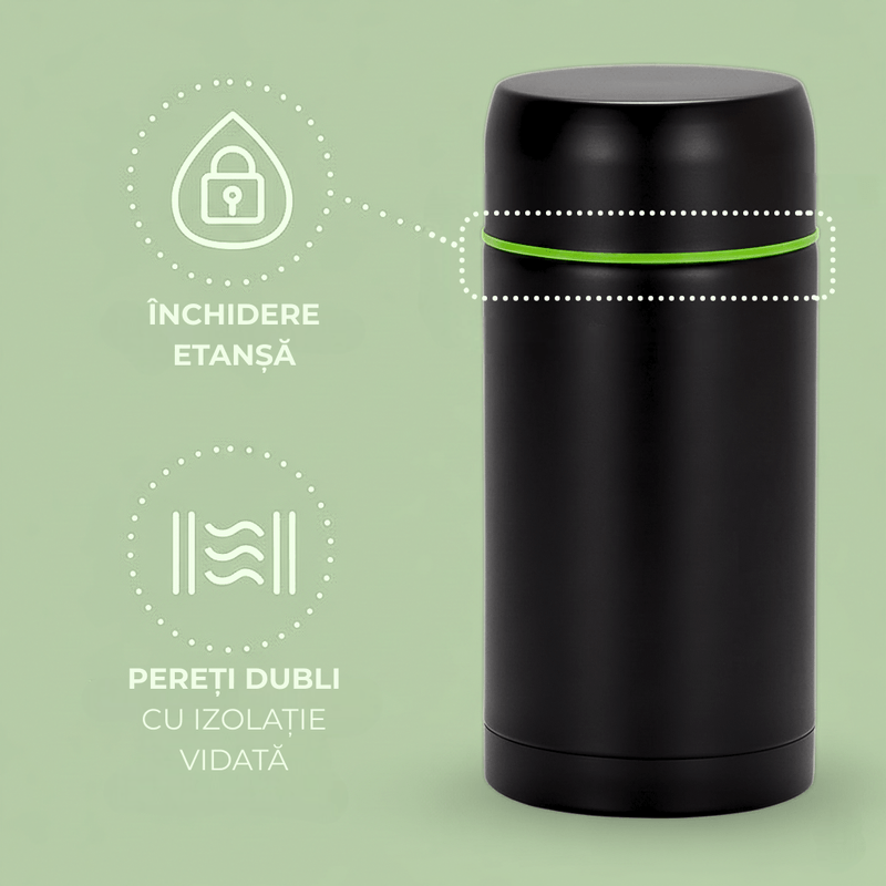 Casa si Gradina - Bucatarie si vesela - Accesorii bar - Termosuri si Cani termos - Termos pentru supa/mancare Koken, capacitate 1000ml, perete dublu, inox, 8h mentine rece/fierbinte, capac bol, Negru - Infinity.ro