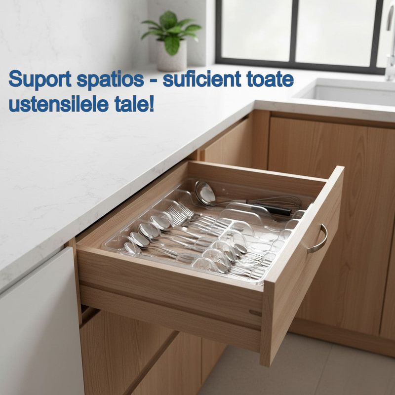 Casa si Gradina - Bucatarie si vesela - Organizare si depozitare bucatarie - Suporturi tacamuri si vase - Organizator tacamuri si ustensile de bucatarie, 9 compartimente Koken, suport cutite, 43x39x5cm, Plastic/ Transparent - Infinity.ro