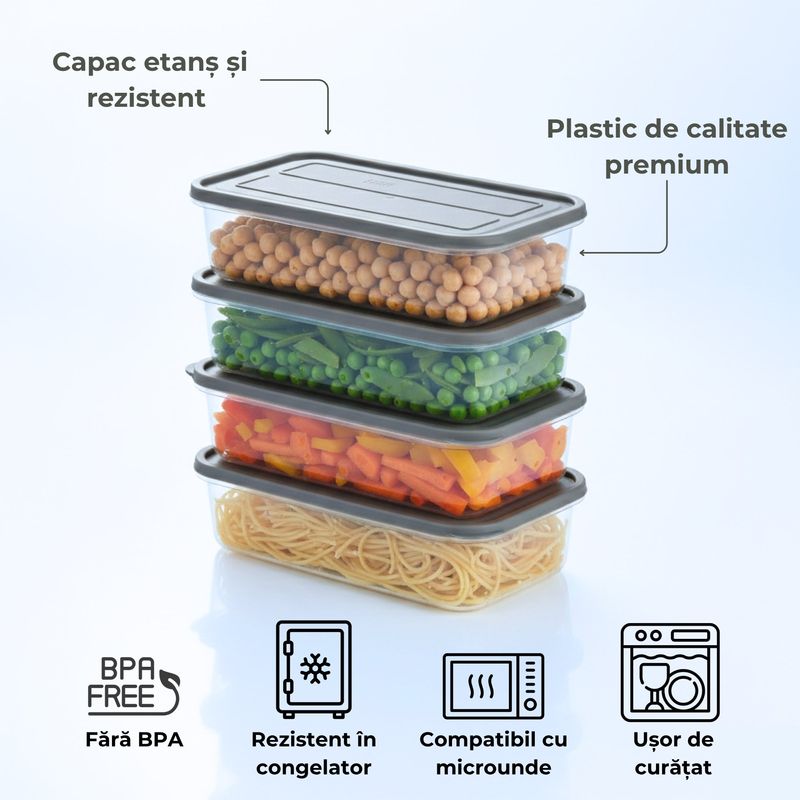 Casa si Gradina - Bucatarie si vesela - Organizare si depozitare bucatarie - Cutii alimentare - Recipient de depozitare alimente Koken, organizare frigider/congelator, capac etans, plastic fara BPA, 1.18 L, Gri - Infinity.ro
