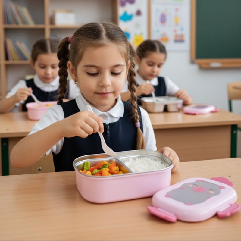 Casa si Gradina - Bucatarie si vesela - Organizare si depozitare bucatarie - Cutii alimentare - Cutie pentru pranz Koken, Lunch box, Caserola copii scoala cu 2 Compartimente, 22x15,5x7,5 cm, Lingura inclusa, Roz - Infinity.ro