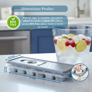 Forma Pentru Cuburi De Gheata Koken, Matrita, Plastic PP, Silicon alimentar, 12 cuburi, BPA Free, Gri, 9.5 x 27 x 3.5 cm